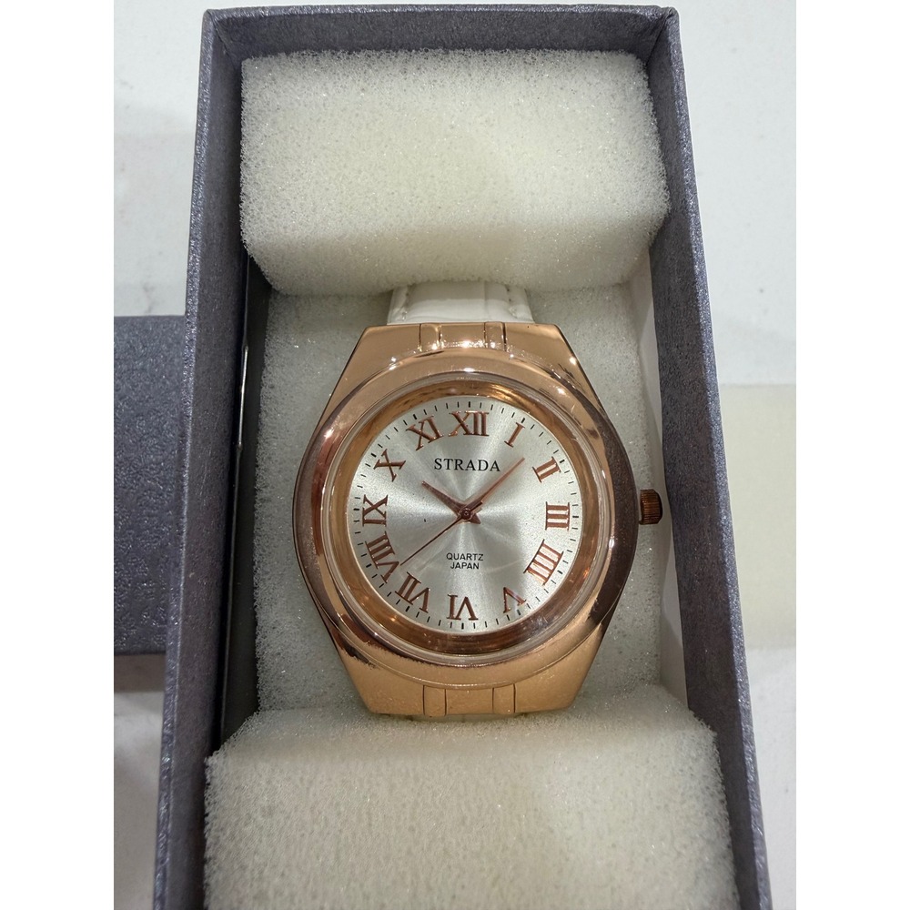 Strada Womens Rose Gold Tone Quartz Watch White Faux Leather Roman Numerals - Picture 2 of 4